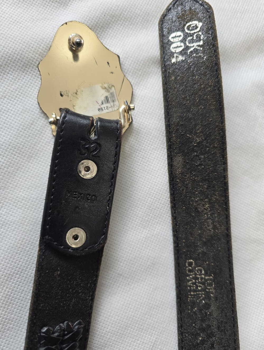 CMexico Made Black Leather Belt Partly Braded w/ Gold Floral Western Buckle 32 - Picture 3 of 9